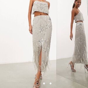 ASOS edition sequin and fringe midi skirt in pale grey